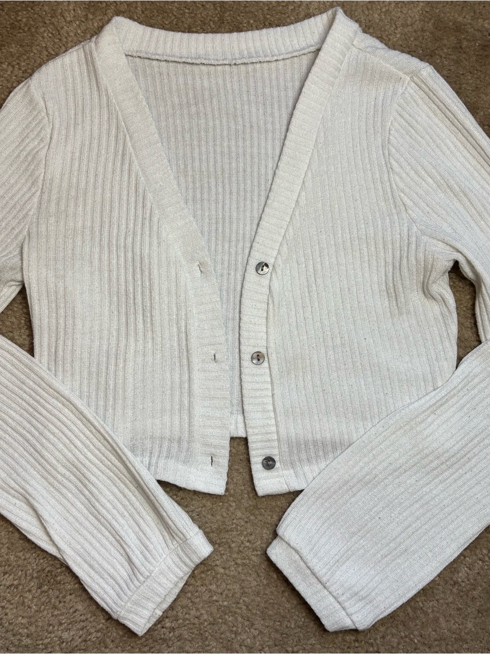 Cropped Cream Ribbed V-Neck Button Cardigan - Picture 2 of 6